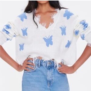 Just Polly Cropped Chic VNeck Y2K Sweater with Blue Butterfly Jagged Edge Design